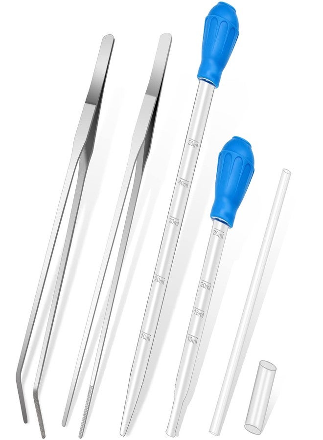 Liveek 5 in 1 Aquarium Coral Feeder Kit, Luxiv 2 Pcs 60ml and 30ml Aquatic Reef Feeding Dropper with 10in Extender Pipe, 2 Pcs Stainless Steel Straight and Curved Aquarium Tweezers for Feeding Tong (Silver) - Image 1